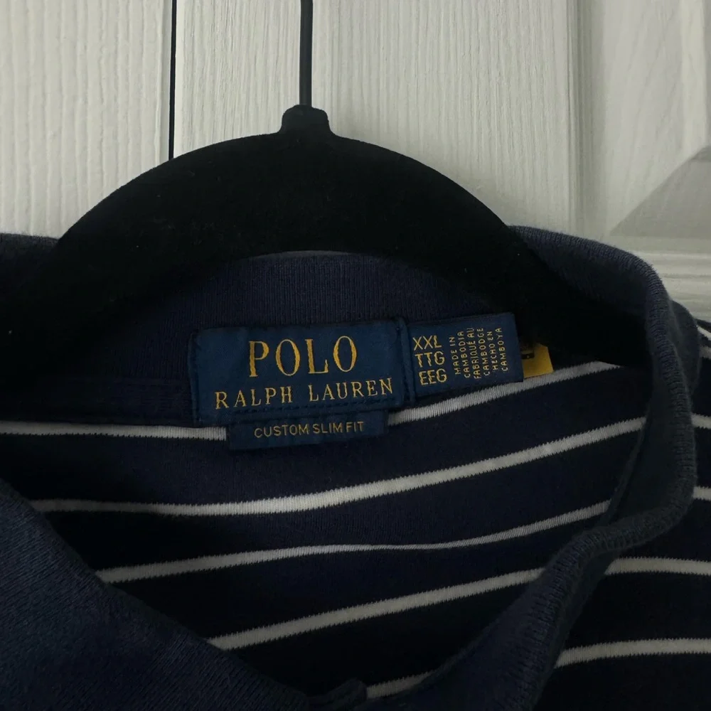 Polo Ralph Lauren Navy & White Striped Polo Shirt XXL Custom Slim Fit Pony